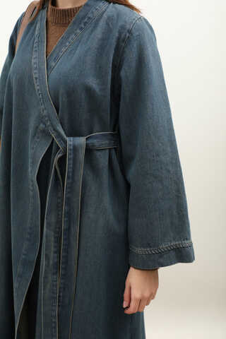 Kruvaze Denim Trençkot Koyu Mavi - 7