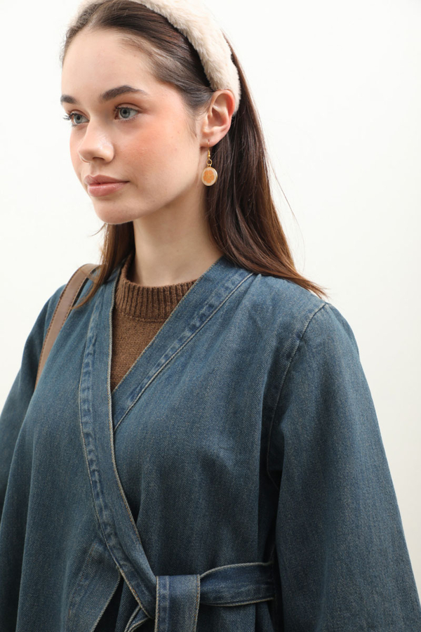 Kruvaze Denim Trençkot Koyu Mavi - 8