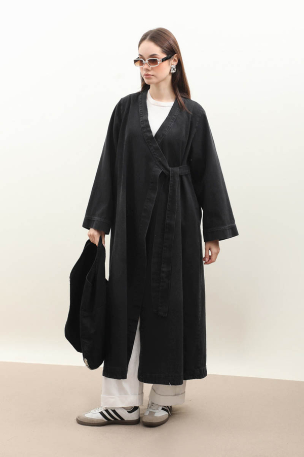 Kruvaze Denim Trençkot Siyah - 2