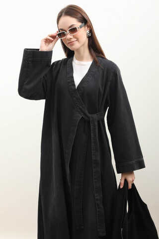 Kruvaze Denim Trençkot Siyah - 3