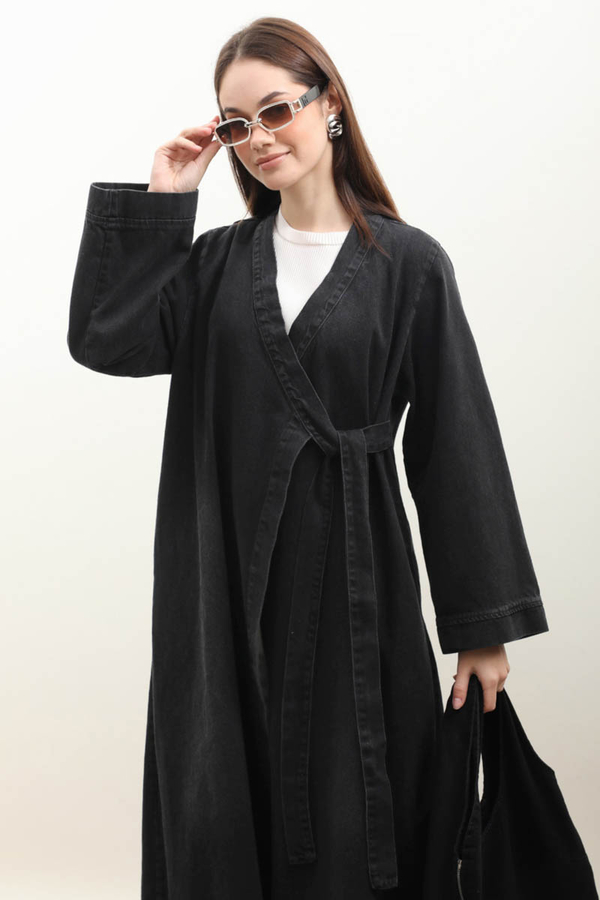 Kruvaze Denim Trençkot Siyah - 3