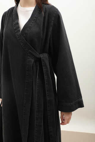 Kruvaze Denim Trençkot Siyah - 4