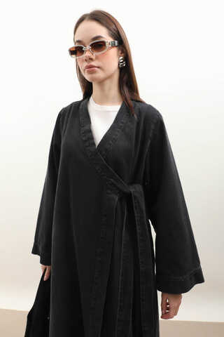 Kruvaze Denim Trençkot Siyah - 5