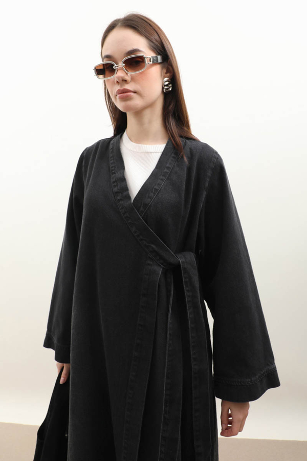 Kruvaze Denim Trençkot Siyah - 5