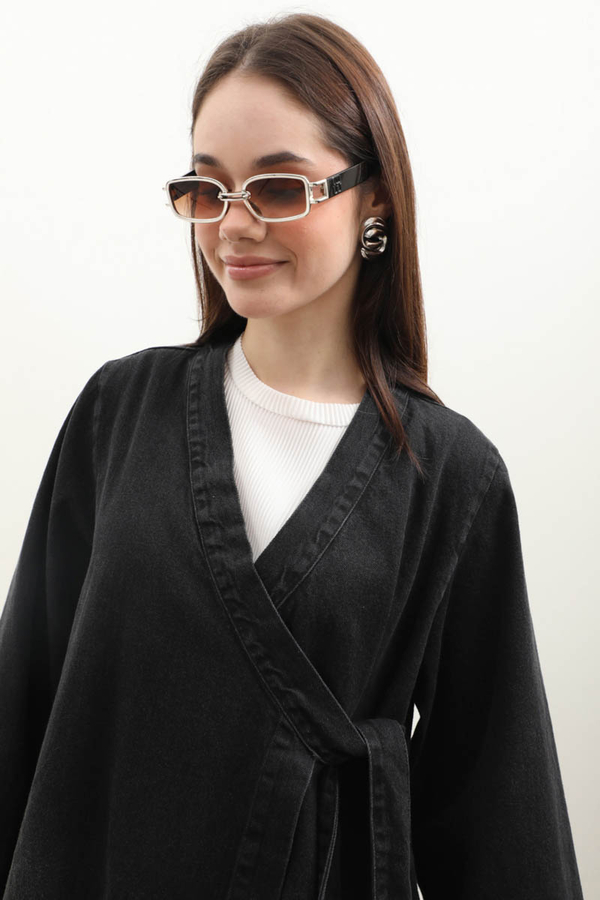 Kruvaze Denim Trençkot Siyah - 6