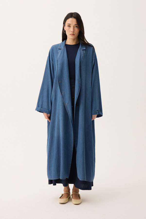 Kruvaze Düğmeli Denim Trençkot Açık Mavi - 2