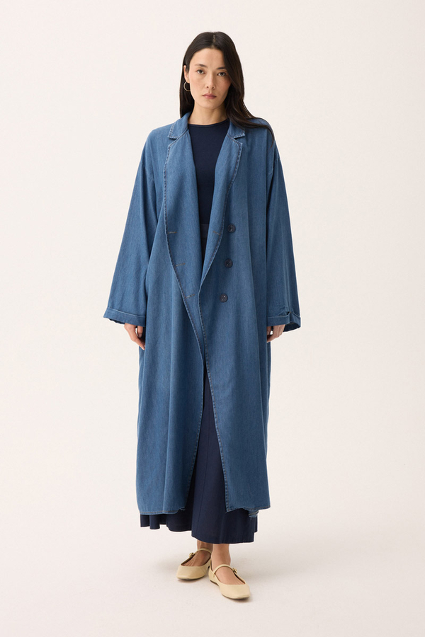 Kruvaze Düğmeli Denim Trençkot Açık Mavi - 3