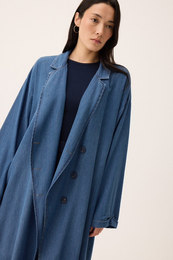 Kruvaze Düğmeli Denim Trençkot Açık Mavi - 4