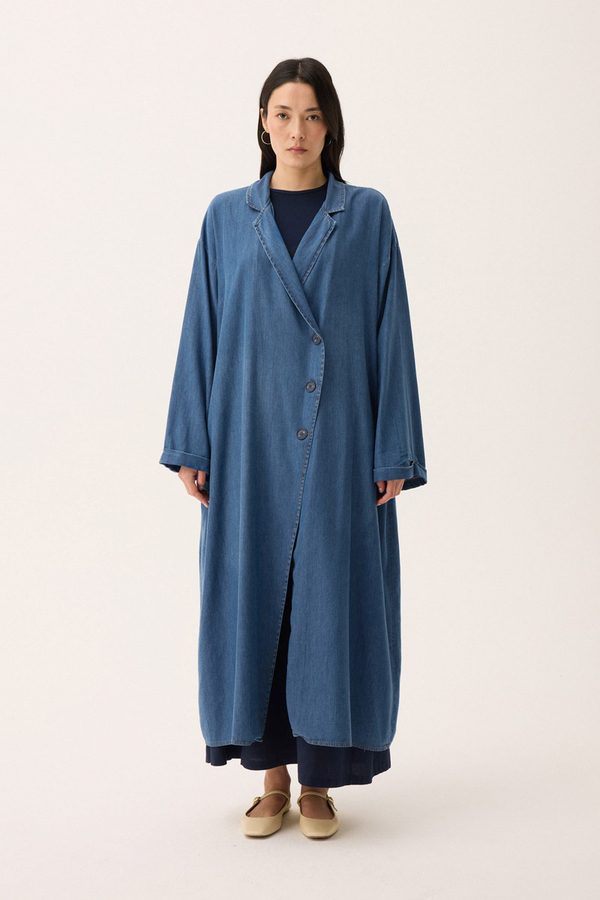 Kruvaze Düğmeli Denim Trençkot Açık Mavi - 5