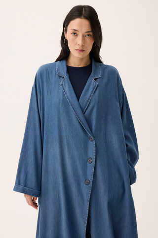Kruvaze Düğmeli Denim Trençkot Açık Mavi - 10