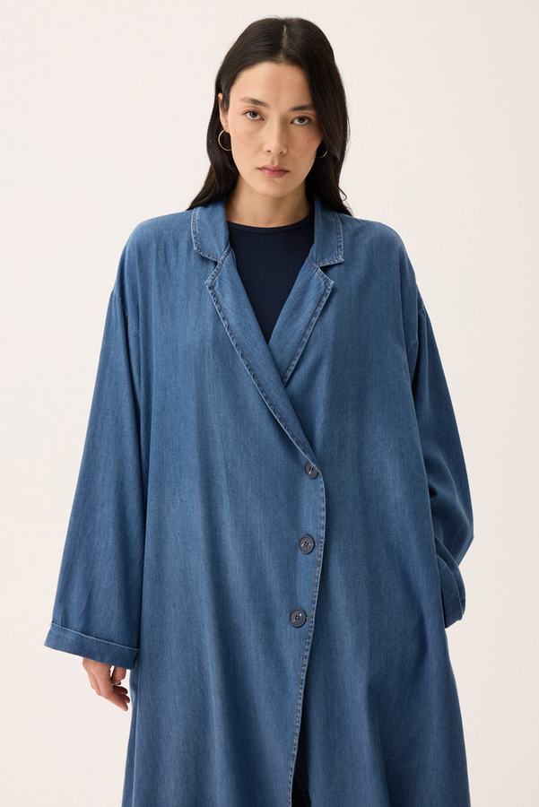 Kruvaze Düğmeli Denim Trençkot Açık Mavi - 10