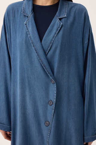 Kruvaze Düğmeli Denim Trençkot Açık Mavi - 11