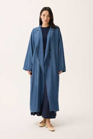 Kruvaze Düğmeli Denim Trençkot Açık Mavi - 3