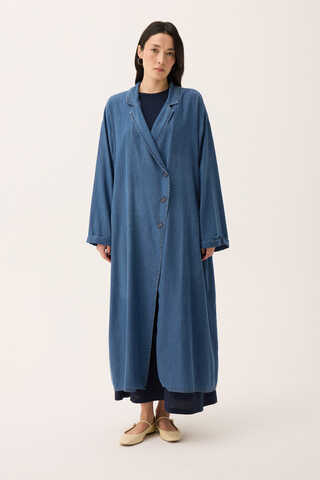 Kruvaze Düğmeli Denim Trençkot Açık Mavi - 1