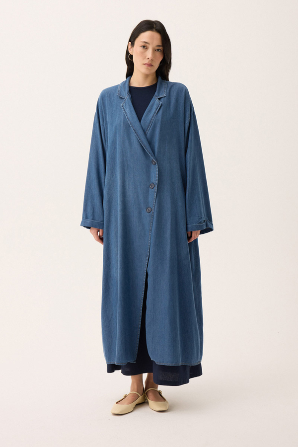 Kruvaze Düğmeli Denim Trençkot Açık Mavi - 1