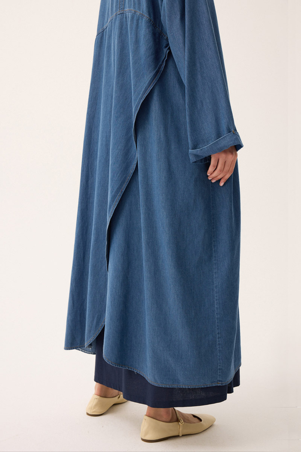 Kruvaze Düğmeli Denim Trençkot Açık Mavi - 14