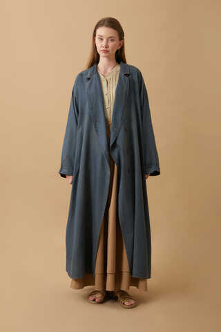 Kruvaze Düğmeli Denim Trençkot Koyu Mavi - 4