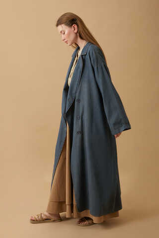 Kruvaze Düğmeli Denim Trençkot Koyu Mavi - 11