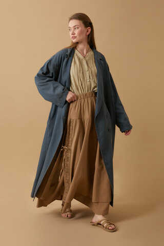 Kruvaze Düğmeli Denim Trençkot Koyu Mavi - 14