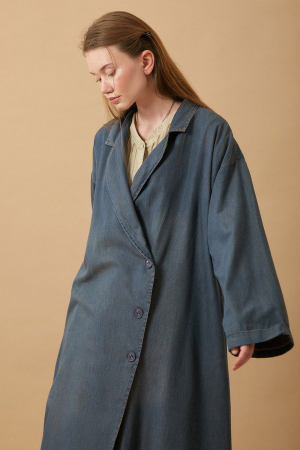 Kruvaze Düğmeli Denim Trençkot Koyu Mavi - 15