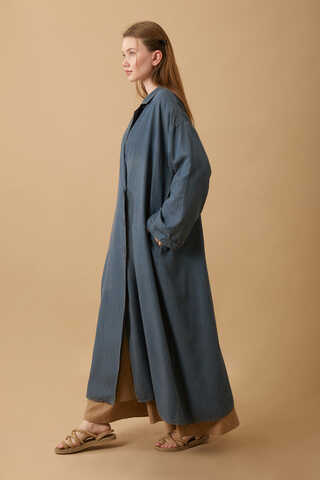 Kruvaze Düğmeli Denim Trençkot Koyu Mavi - 16