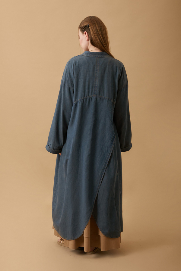 Kruvaze Düğmeli Denim Trençkot Koyu Mavi - 17