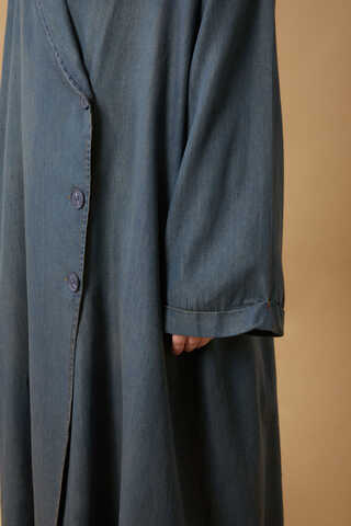 Kruvaze Düğmeli Denim Trençkot Koyu Mavi - 5