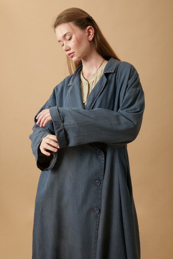 Kruvaze Düğmeli Denim Trençkot Koyu Mavi - 6