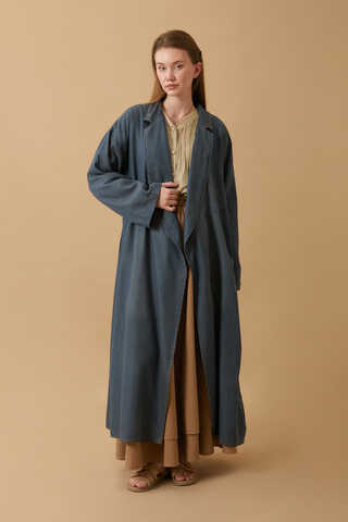 Kruvaze Düğmeli Denim Trençkot Koyu Mavi - 3