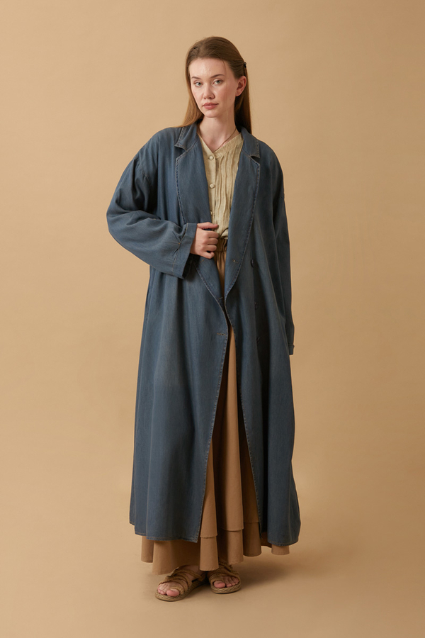 Kruvaze Düğmeli Denim Trençkot Koyu Mavi - 3