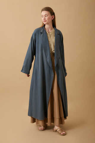 Kruvaze Düğmeli Denim Trençkot Koyu Mavi - 7