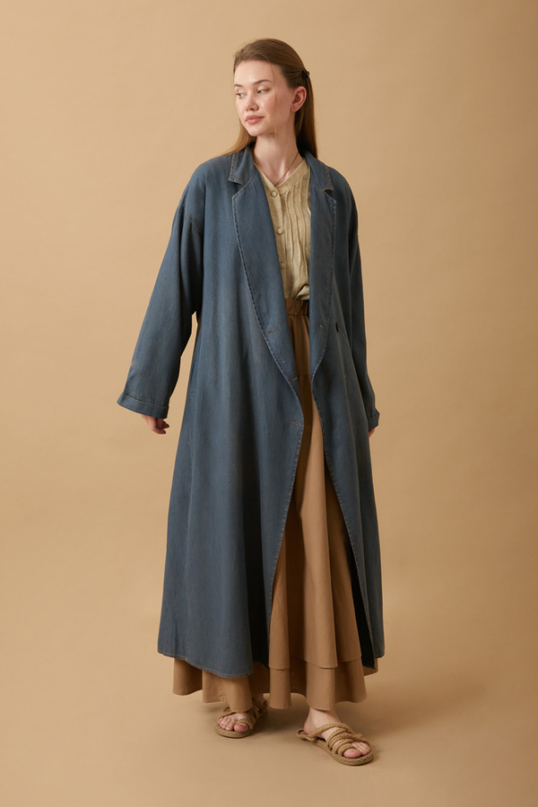 Kruvaze Düğmeli Denim Trençkot Koyu Mavi - 7