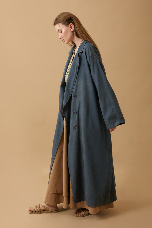 Kruvaze Düğmeli Denim Trençkot Koyu Mavi - 11