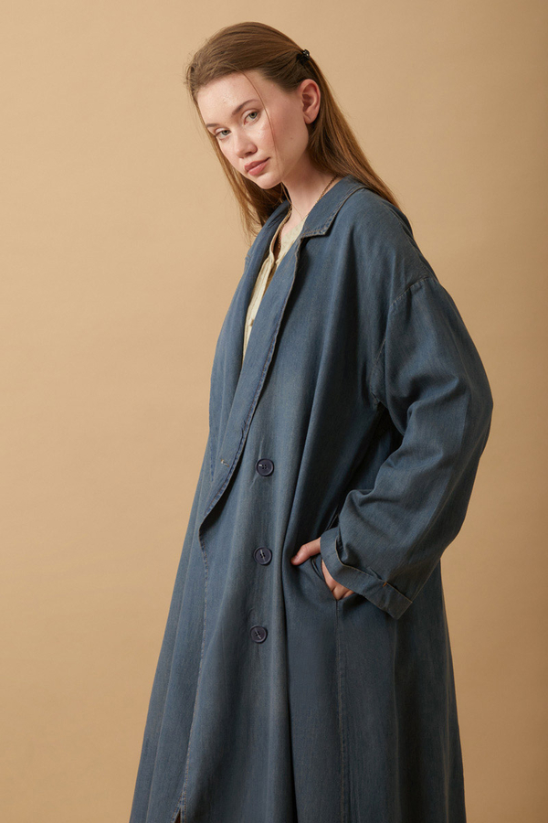 Kruvaze Düğmeli Denim Trençkot Koyu Mavi - 12