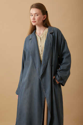 Kruvaze Düğmeli Denim Trençkot Koyu Mavi - 13