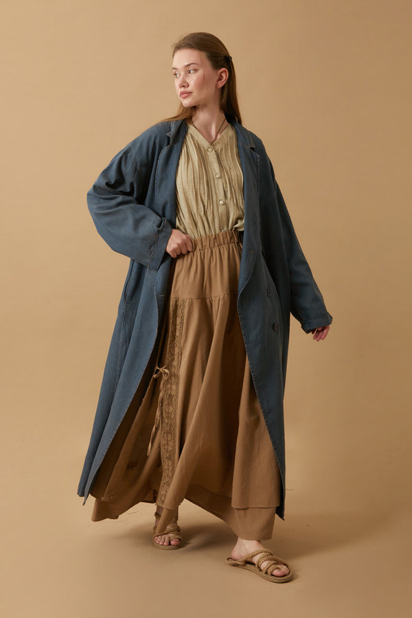 Kruvaze Düğmeli Denim Trençkot Koyu Mavi - 14