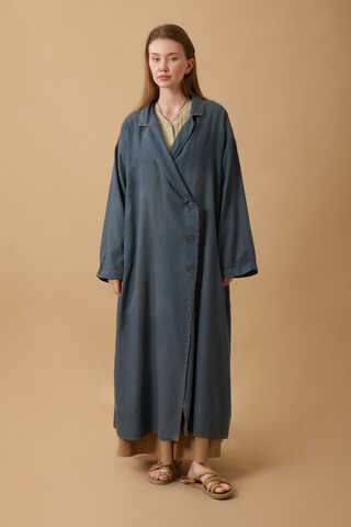 Kruvaze Düğmeli Denim Trençkot Koyu Mavi - 1