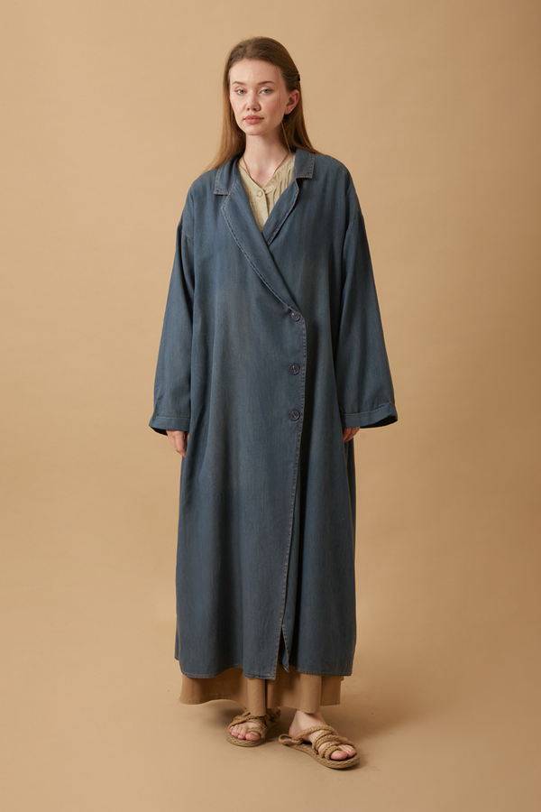 Kruvaze Düğmeli Denim Trençkot Koyu Mavi - 1