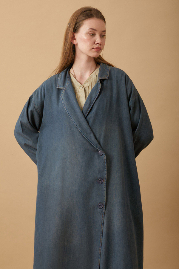 Kruvaze Düğmeli Denim Trençkot Koyu Mavi - 2