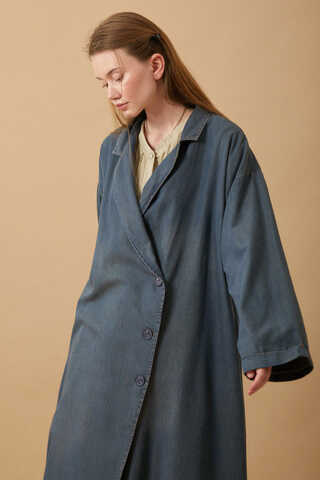 Kruvaze Düğmeli Denim Trençkot Koyu Mavi - 15