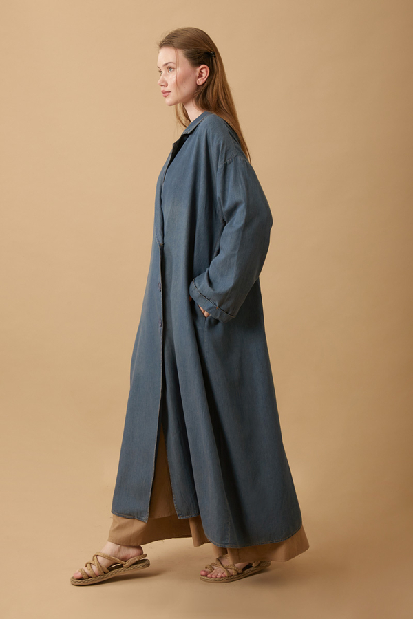 Kruvaze Düğmeli Denim Trençkot Koyu Mavi - 16