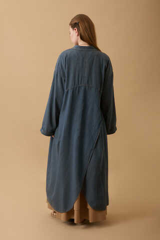 Kruvaze Düğmeli Denim Trençkot Koyu Mavi - 17