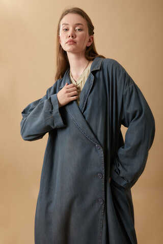 Kruvaze Düğmeli Denim Trençkot Koyu Mavi - 9