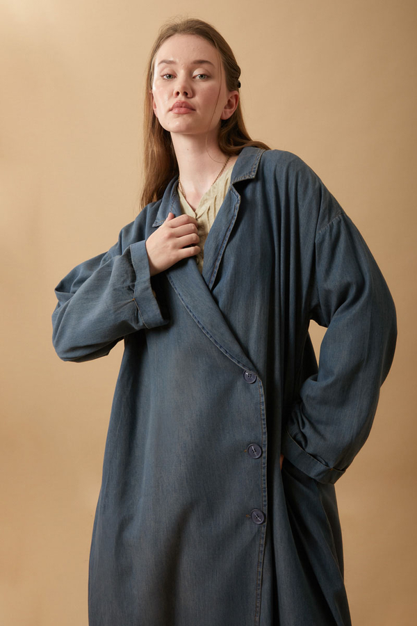 Kruvaze Düğmeli Denim Trençkot Koyu Mavi - 9
