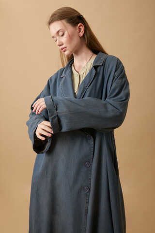 Kruvaze Düğmeli Denim Trençkot Koyu Mavi - 6