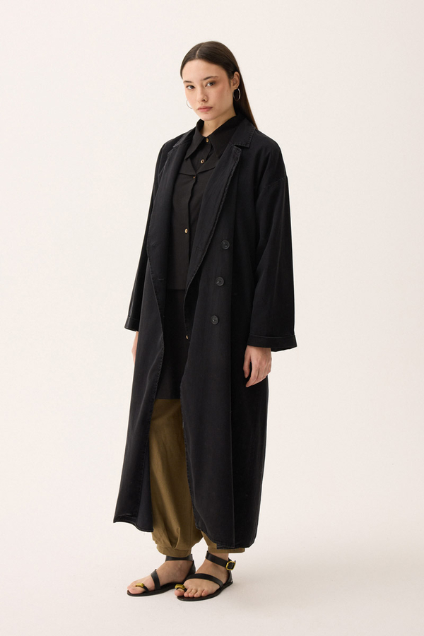 Kruvaze Düğmeli Denim Trençkot Siyah - 3