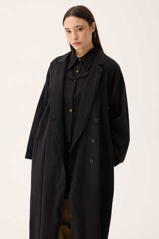 Kruvaze Düğmeli Denim Trençkot Siyah - 4