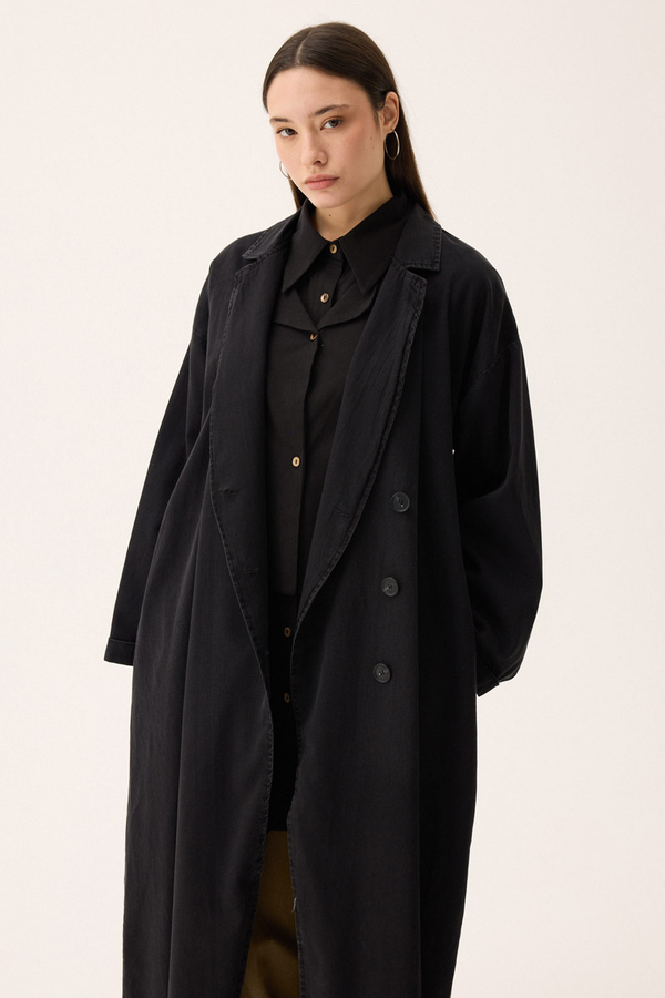 Kruvaze Düğmeli Denim Trençkot Siyah - 4