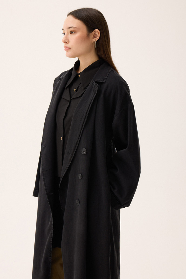 Kruvaze Düğmeli Denim Trençkot Siyah - 5