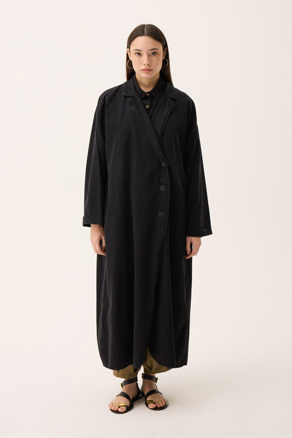 Kruvaze Düğmeli Denim Trençkot Siyah - 7